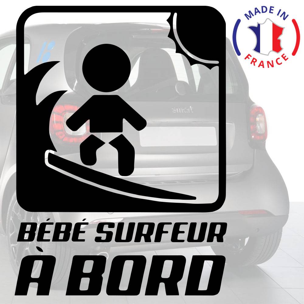 Autocollant Bébé à Bord « Baby Surfer On Board » - Décoration Voiture - Longueur 20 Cm - Vinyle Adhésif Qualité